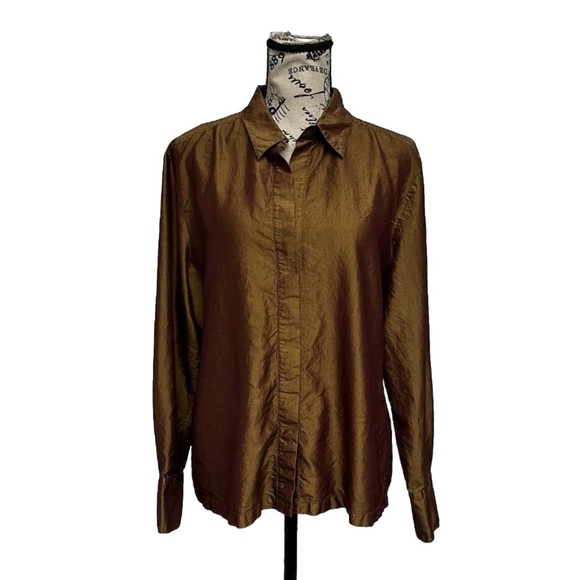 Vtg Y2k Retro Express Bronze Metallic Satin Silk Blouse SZ 13/14 L Casual Modest - Picture 1 of 9